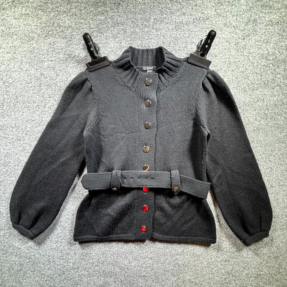 Alfani Cardigan Sweater Womens Large Black Merino Wool Belted Waist Button Front